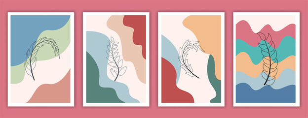 Collection of contemporary art posters in pastel colors. Abstract geometric elements and strokes, leaves and berries, olive, tangerine. Great design for social media, postcards, print.
