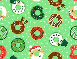 Christmas donuts repeat textile print with, Santa, snowman and reindeer character design.