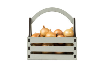 Grey wooden box made of planks with a bow isolated on a white background.