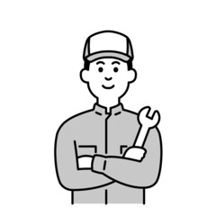 整備士さんのイラスト上半身　白黒