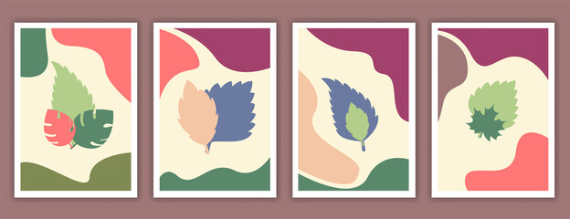 Set of creative minimalist hand drawn leaves  illustrations for wall decoration, postcard or brochure cover design. Hand draw vector design elements. 
