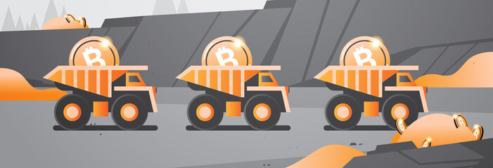heavy trucks mining transport with bitcoins golden coin digital money production cryptocurrency blockchain