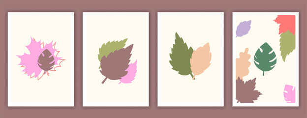 Collection of contemporary art posters in pastel colors. Abstract geometric element leaves and berries, olive, tangerine. Great design for social media, postcards, print.