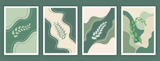 Fototapeta na wymiar Botanical watercolor wall art vector set. Earth tone background foliage line art drawing with abstract shape. Abstract Plant Art design for wall framed prints, canvas prints, poster, home decor.