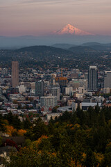 Autumn sunset over Mt Hood and Portland Oregon, Pacific Northwest United States