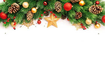 Fototapeta na wymiar Christmas and New Year background with green spruce branches, cones, balls, star and red berries, white banner, top view, copy space