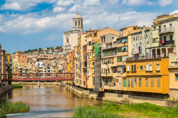 Naklejka na ściany i meble Colorful houses and Eiffel bridge in Girona