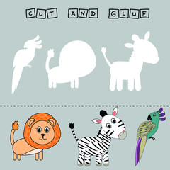 Developing an activity for children, the task is to cut and glue a piece on colorful cute   lion, parrot, zebra . Logic game for children.