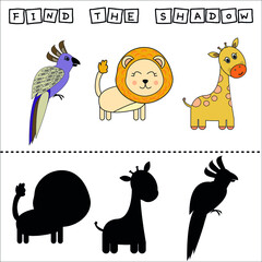 worksheet vector design, the task is to finf a shadow parrot, lion, giraffe.  Logic game for children.