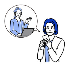 スマートフォンを持つ笑顔の高齢女性と吹き出しの中の女性オペレーターのシンプルな白バックの線画