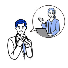 スマホを持つアジア人の医者男性と吹き出しの中のオペレターの上半身のシンプルな白バックの線画