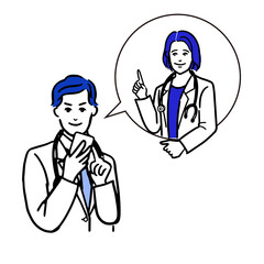 スマホを持つアジア人医者の男性と吹き出しの中の女性医師の上半身のシンプルな白バックの線画