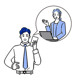 スマホを持つアジア人の高齢者男性と吹き出しの中のオペレターの上半身のシンプルな白バックの線画