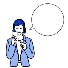 スマートフォンを持つ若いスーツの女性の上半身の線画と吹き出しの白バックイラスト