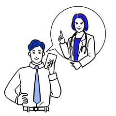 スマホを持つアジア人のビジネスマンと吹き出しの中の女性医師の上半身のシンプルな白バックの線画