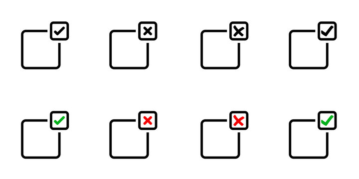 Conjunto de icono de cuadros de respuesta correcta e incorrecta. x y visto. Bien y mal. Cuadro marcado con calificaci&oacute;n de correcto e incorrecto. Concepto de examen. Ilustraci&oacute;n vectorial