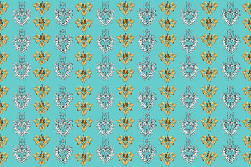 Seamless pattern with interesting doodles on colorfil background. Pano. Raster illustration.