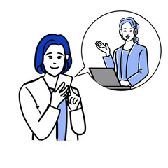 スマートフォンを持つ笑顔の若い女性と吹き出しの中の女性オペレーターのシンプルな白バックの線画