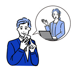スマホを持つアジア人の高齢者男性と吹き出しの中のオペレターの上半身のシンプルな白バックの線画