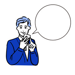 スマートフォンを持つ白髪の高齢男性の上半身線画と吹き出しの白バックの線画