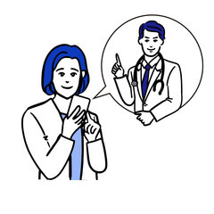 スマポを持つ若い女性と吹き出しの中の男性ドクターの上半身のシンプルな白バックの線画