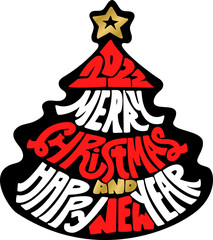 Christmas tree lettering template design. Merry christmas and happy new year. 2022 banner vector illustration.