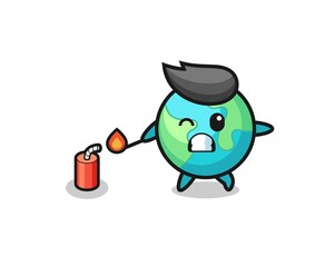 earth mascot illustration playing firecracker