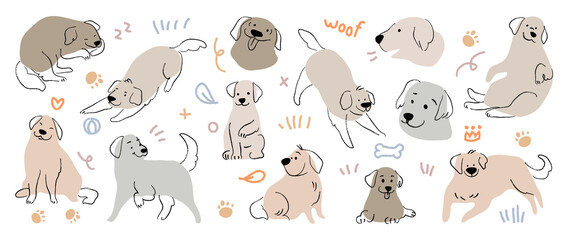 Cute Golden Retriever and Labrador Retriever dog hand drawn vector set. Cartoon dog or puppy characters design collection with flat color in different poses. © TWINS DESIGN STUDIO