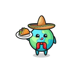earth Mexican chef mascot holding a taco