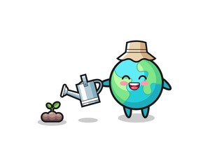 cute earth is watering plant seeds