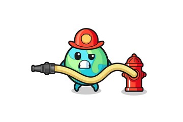 earth cartoon as firefighter mascot with water hose