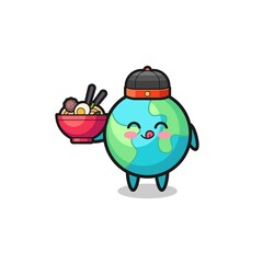 earth as Chinese chef mascot holding a noodle bowl