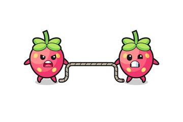 cute strawberry character is playing tug of war game