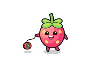 cartoon of cute strawberry playing a yoyo