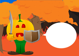 Decorative pumpkin for Halloween holding a sword and shield as a cartoon character with face. Vector Illustration.