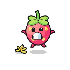 strawberry cartoon is slip on a banana peel