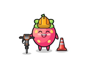 Obraz premium road worker mascot of strawberry holding drill machine