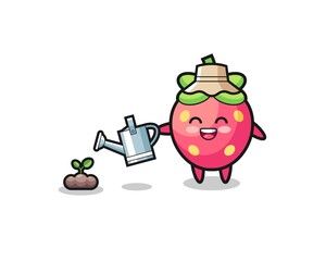 cute strawberry is watering plant seeds