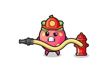 strawberry cartoon as firefighter mascot with water hose
