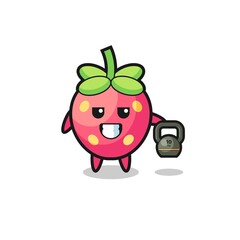 strawberry mascot lifting kettlebell in the gym