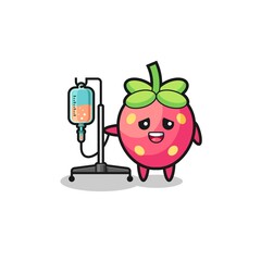 cute strawberry character standing with infusion pole