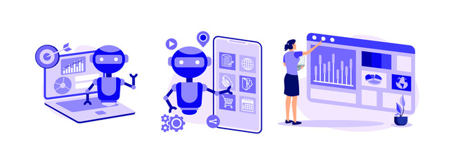 AI powered marketing tools, AI in socialmedia, Dashboard service. Artificial intelligence for business abstract concept vector illustration set.
