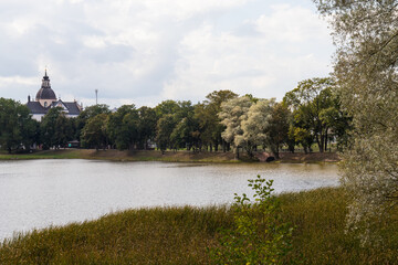 Fototapeta premium view of the trees hanging over the water of the lake