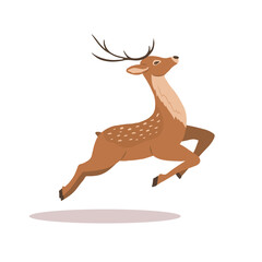 Fototapeta na wymiar Stylized noble sika deer. Reindeer with antlers in jump. Ruminant mammal animal. Vector illustration in flat cartoon style.