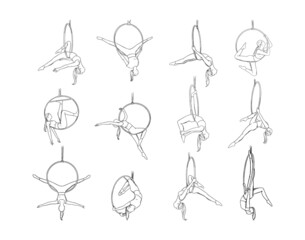 Circus woman acrobat in the aerial hoop. Lyra woman gymnast set isolated in white background. Sketch vector illustration