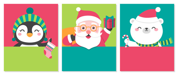 Set of cute cartoon illustration with copy space for christmas and new year card template.