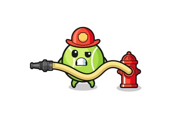 tennis cartoon as firefighter mascot with water hose