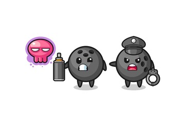 bowling cartoon doing vandalism and caught by the police