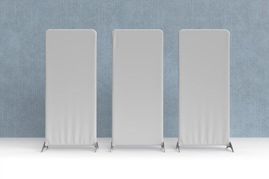 Stretch Fabric Banner Wall Sock Double sided systems standing in front of a blue concrete wall. 3D rendered illustration