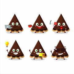 Slice of chocolate tart cartoon character with various types of business emoticons